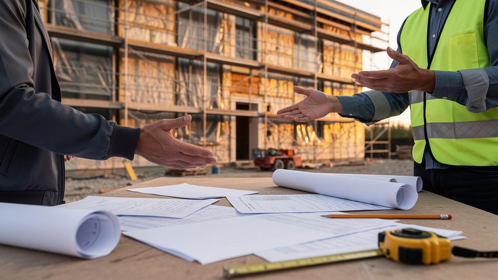 Client et artisan en discussion tendue devant un bâtiment en rénovation, documents à la ma