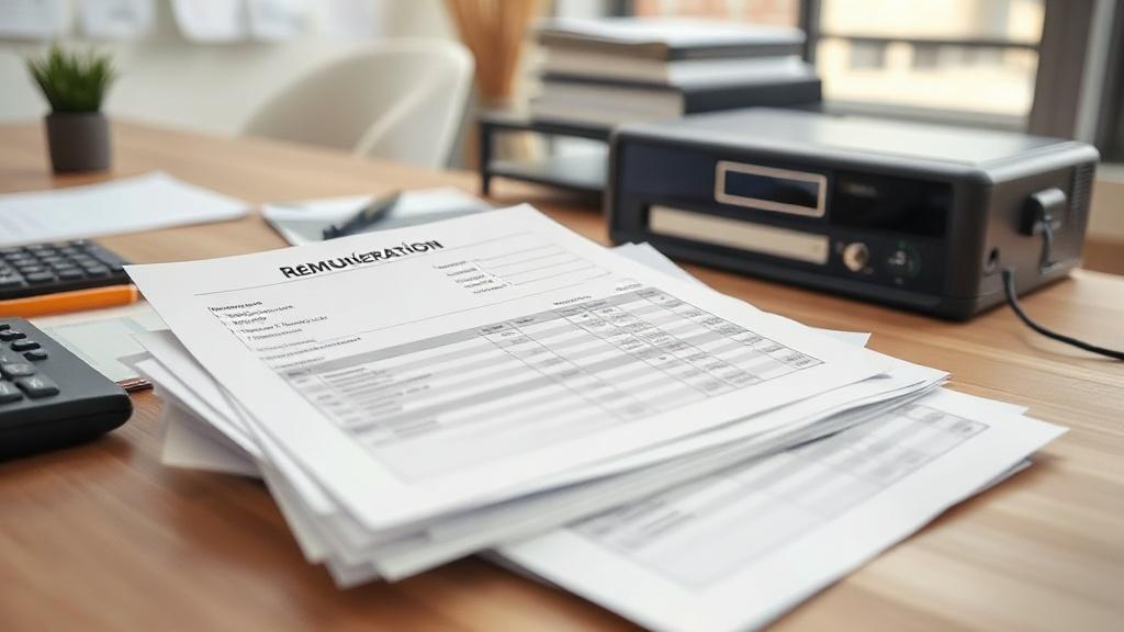 Des fiches de rémunération et une grille salariale posées sur un bureau administratif