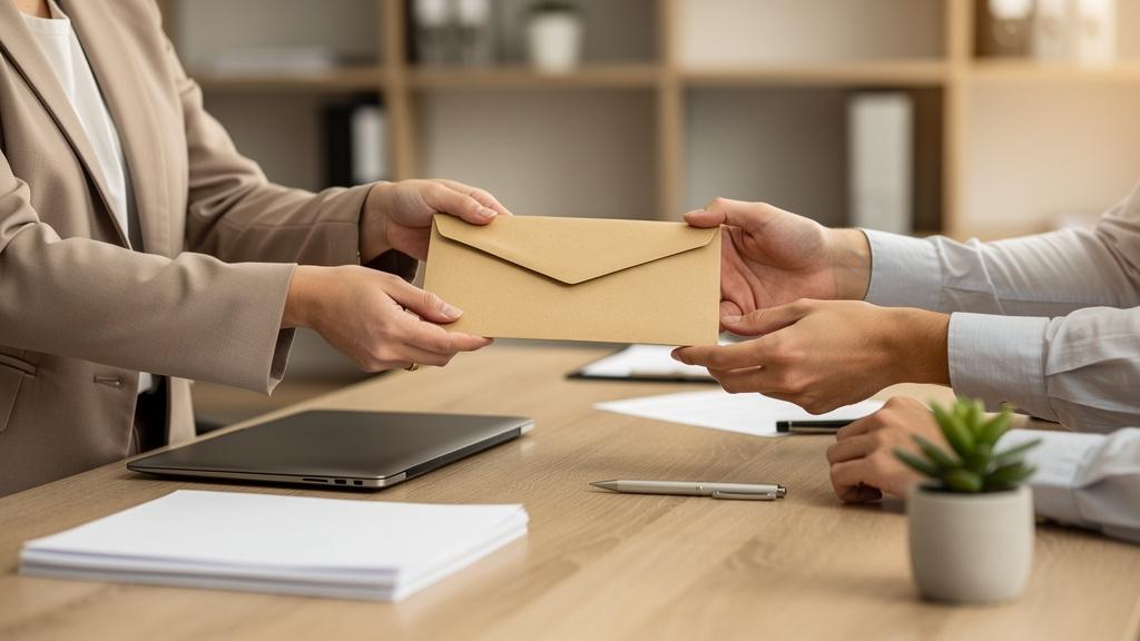 Responsable RH remettant une enveloppe de documents à un salarié