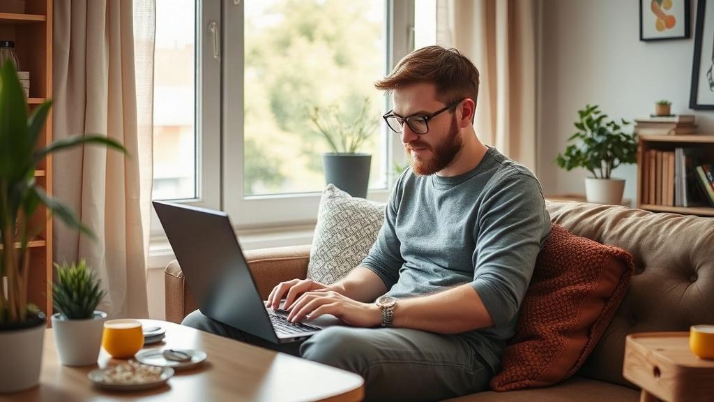 Salarié travaillant sur un ordinateur portable depuis son domicile pendant un arrêt