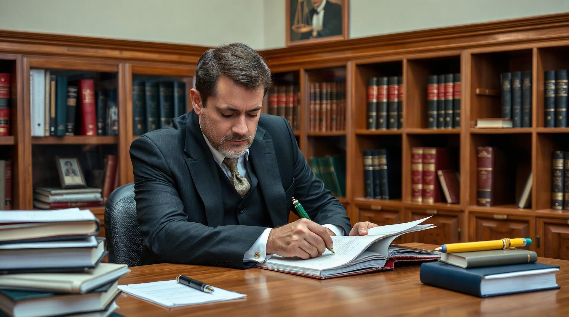 Avocat en costume prenant des notes dans un cabinet juridique