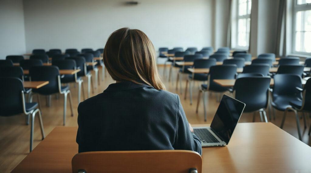 Collégien consultant son espace numérique de travail sur un ordinateur portable en salle de classe