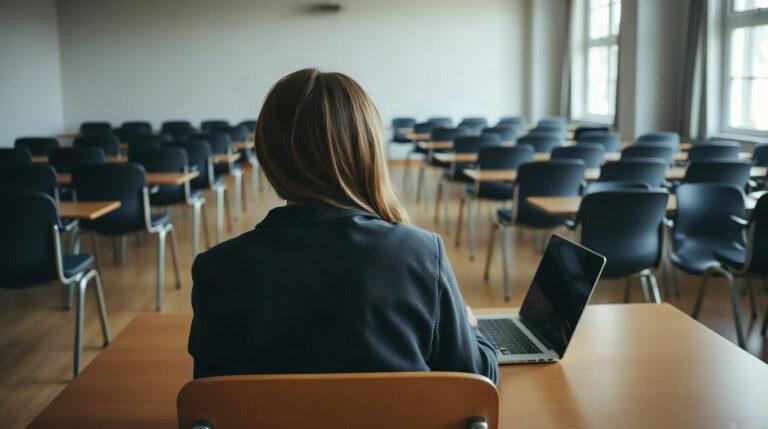 Collégien consultant son espace numérique de travail sur un ordinateur portable en salle de classe