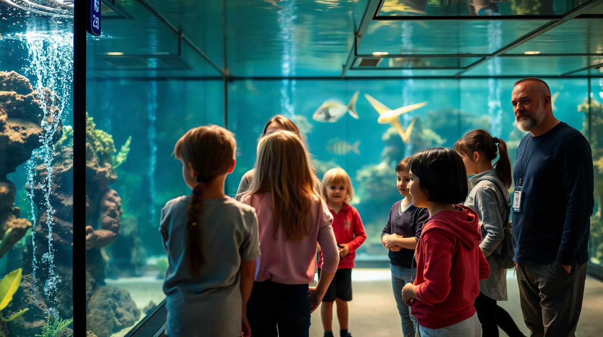 Enseignante guidant des élèves autour d'un aquarium lors d'un TP de biologie