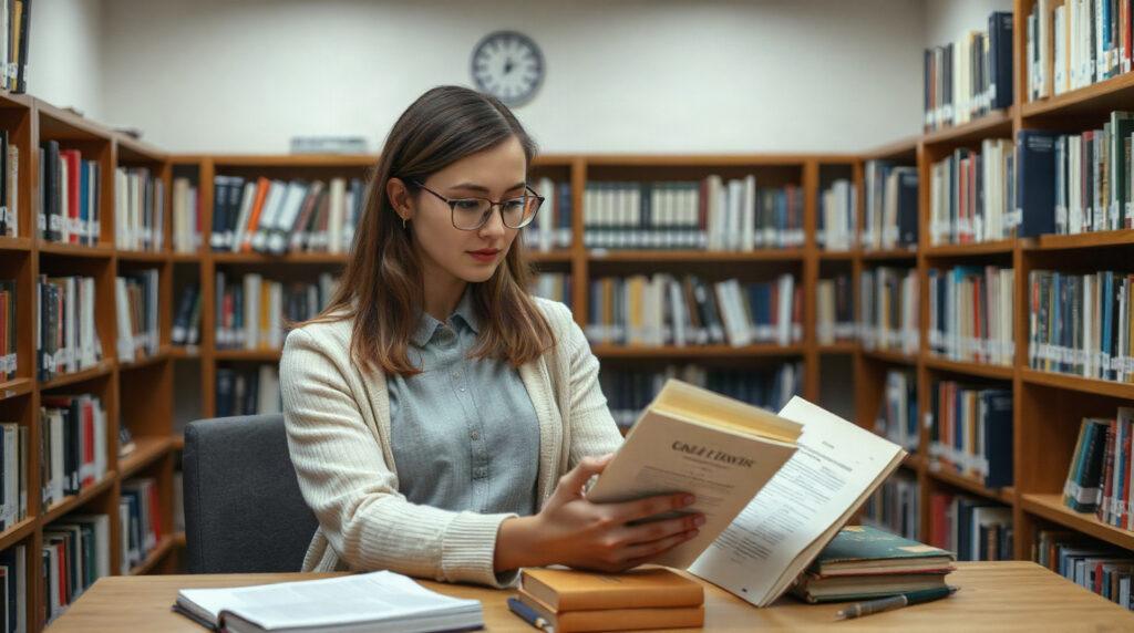Jeune femme consultant des codes juridiques dans une bibliothèque universitaire
