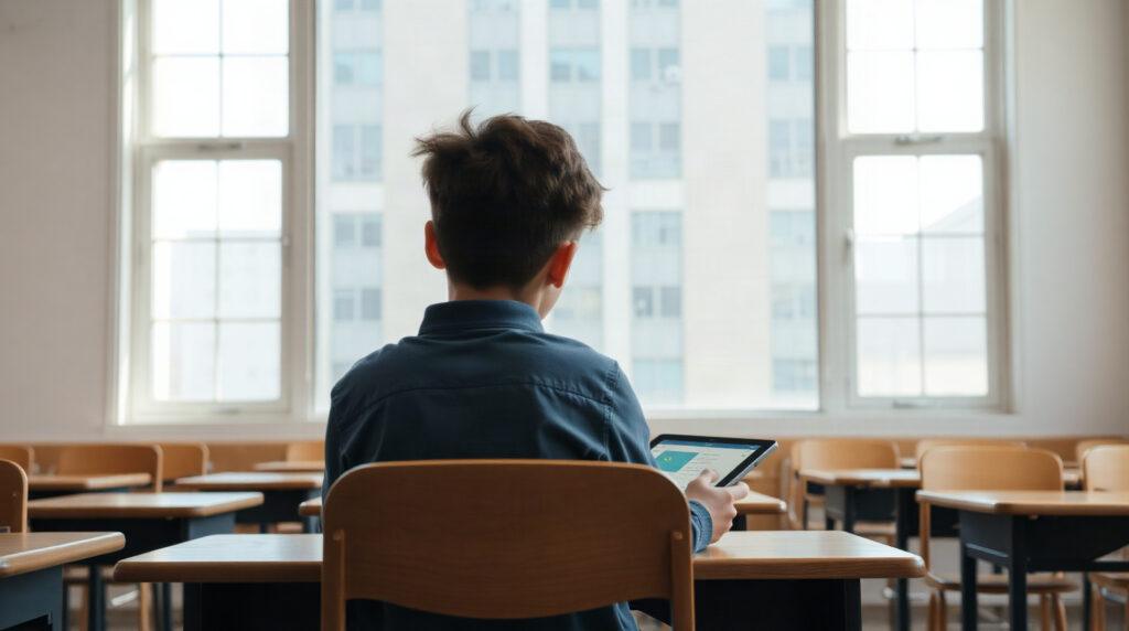 Élève consultant l'espace numérique de travail sur une tablette dans une salle de classe