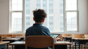 Élève consultant l'espace numérique de travail sur une tablette dans une salle de classe