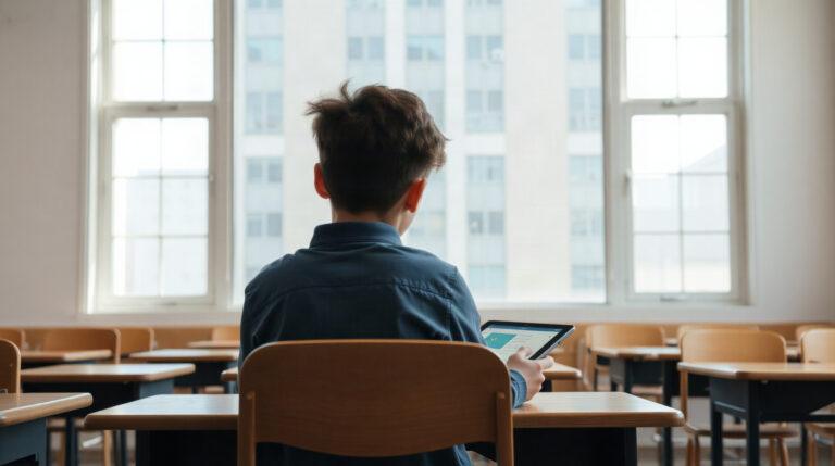 Élève consultant l'espace numérique de travail sur une tablette dans une salle de classe