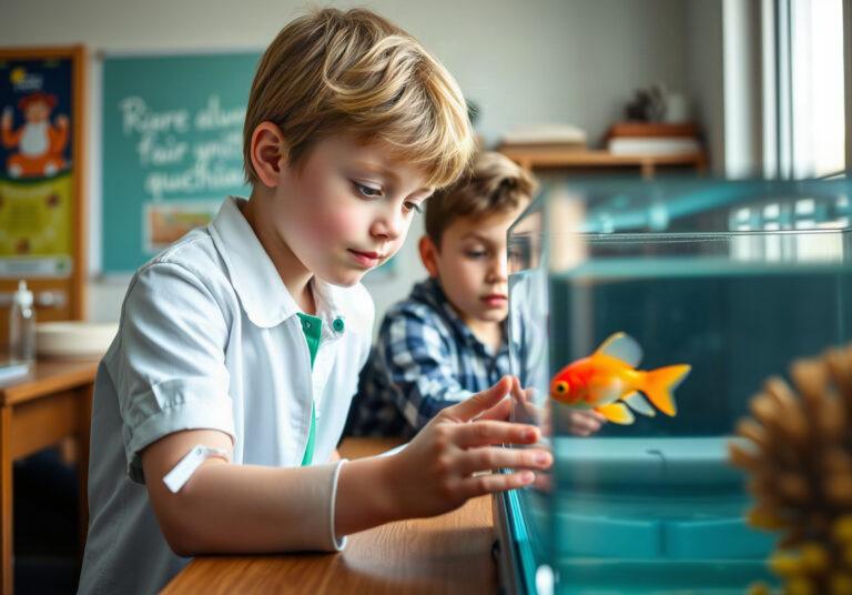Élève observant un poisson rouge dans un aquarium en classe de sciences