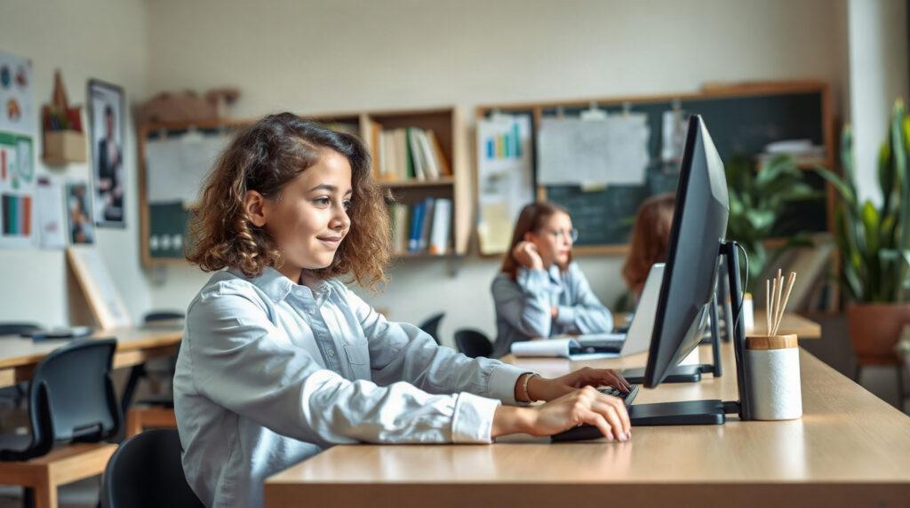 Élève utilisant un logiciel scientifique sur ordinateur en classe