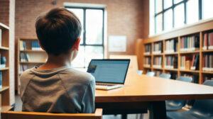 Lycéen consultant son espace numérique sur un ordinateur portable dans une bibliothèque scolaire