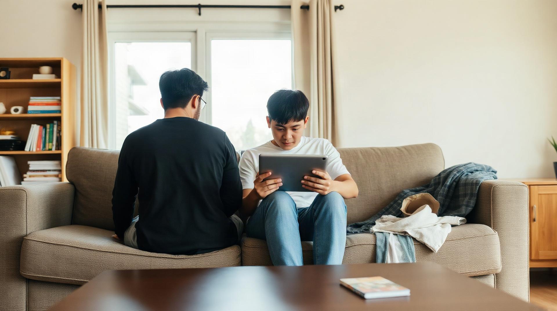 Parent et adolescent regardant ensemble une tablette