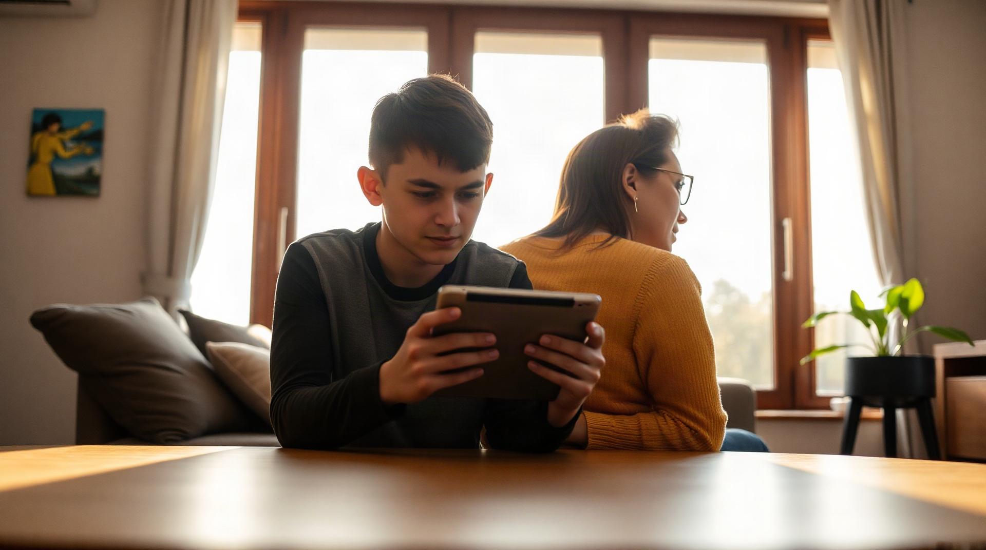 Parent et adolescent regardant ensemble une tablette
