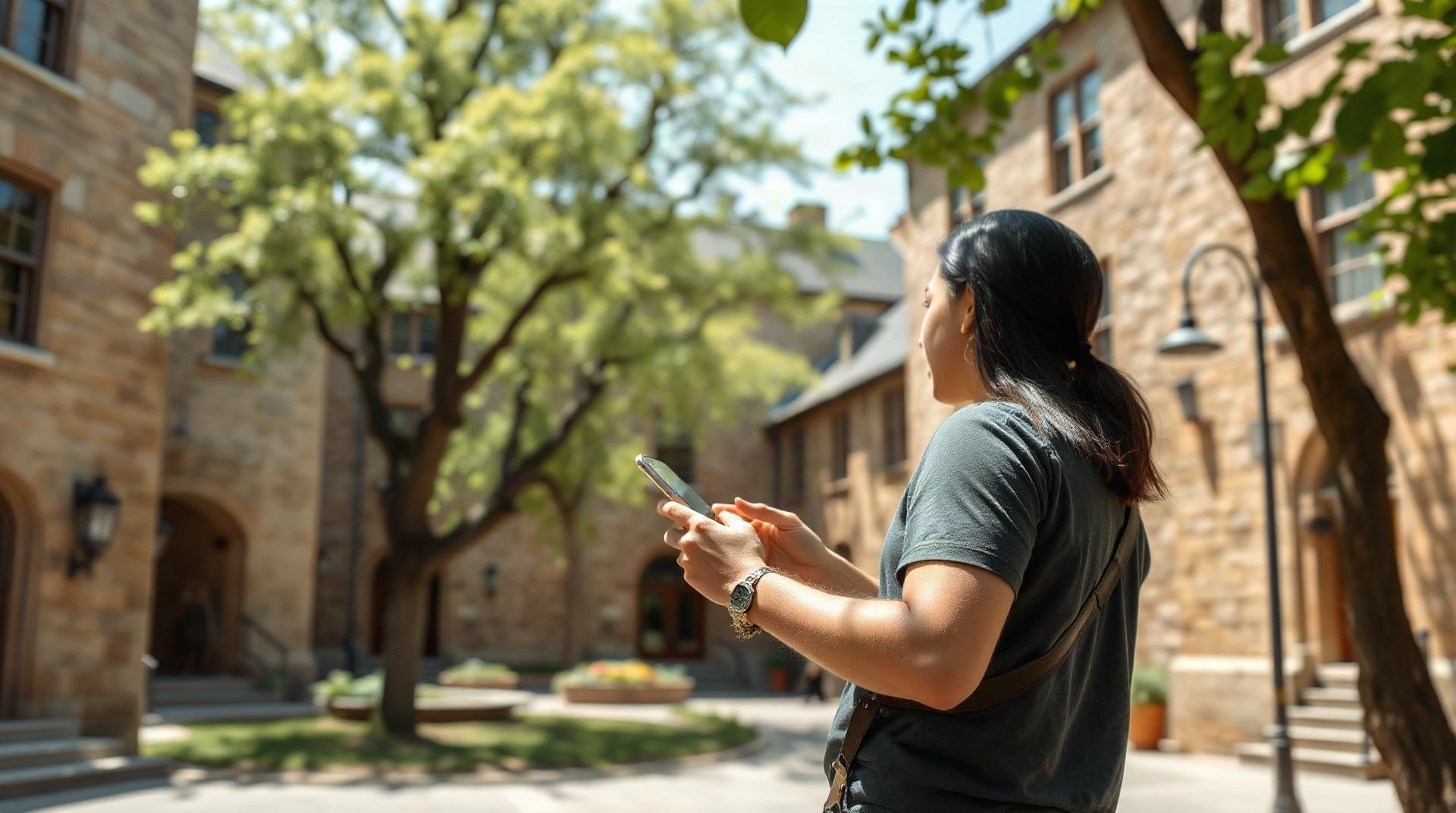 Personne consultant son espace numérique universitaire sur smartphone dans une cour de cam