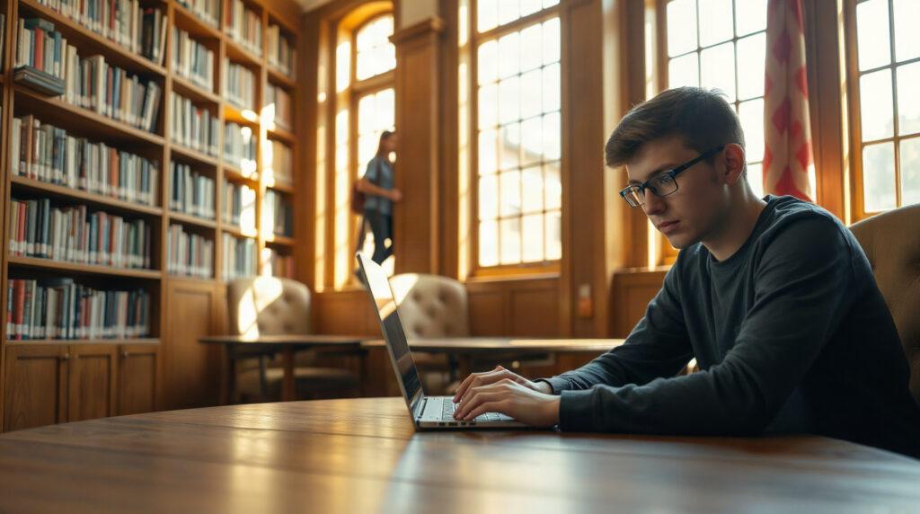 Étudiant activant son compte numérique universitaire sur un ordinateur portable en bibliothèque