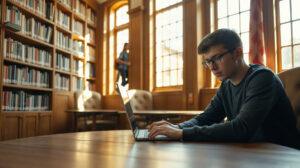Étudiant activant son compte numérique universitaire sur un ordinateur portable en bibliothèque