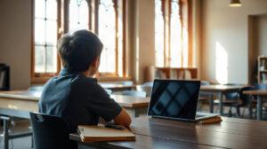 Étudiant consultant des annonces immobilières sur un ordinateur portable dans une bibliothèque