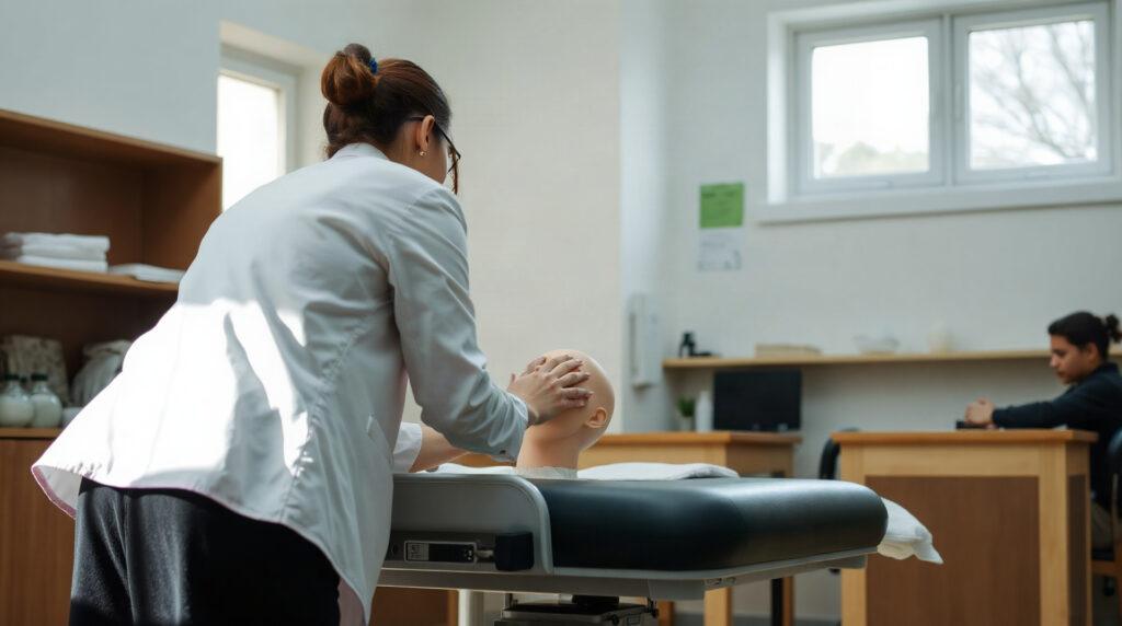 Étudiante en CAP esthétique pratiquant un soin du visage sur un mannequin en salle de cours