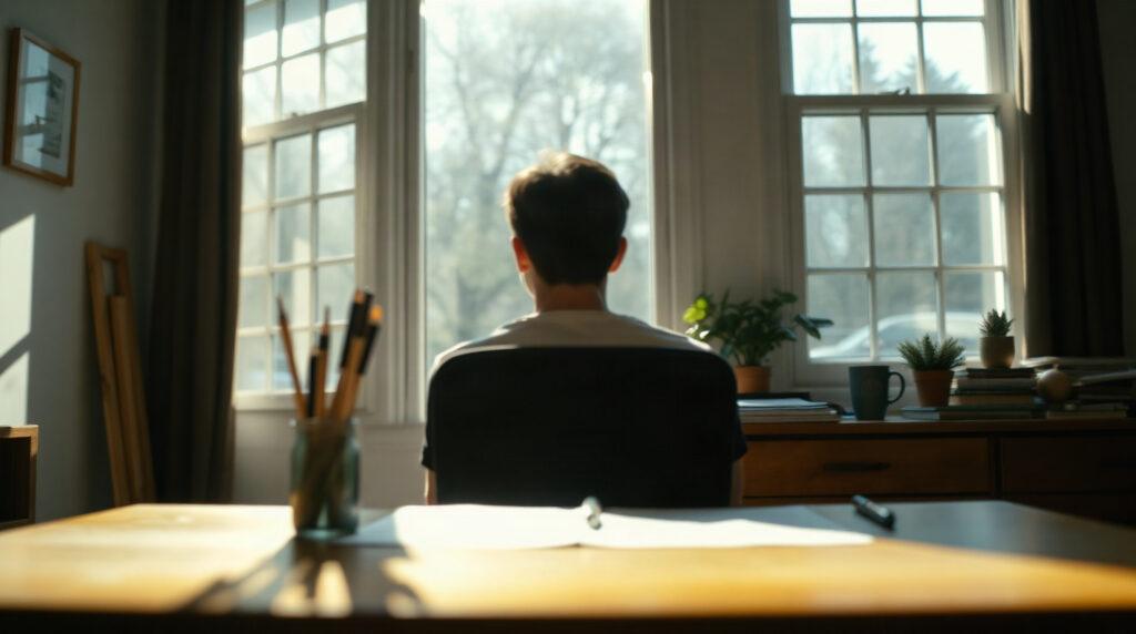 Auto-entrepreneur lisant un contrat d'assurance à son bureau