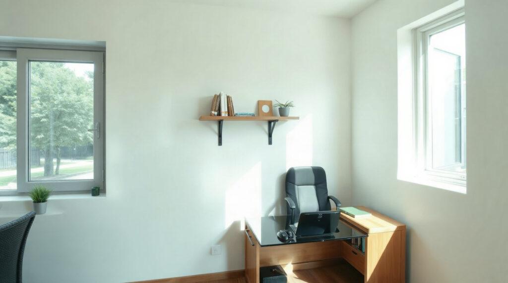 Coin bureau aménagé dans un salon avec bureau en bois et chaise ergonomique