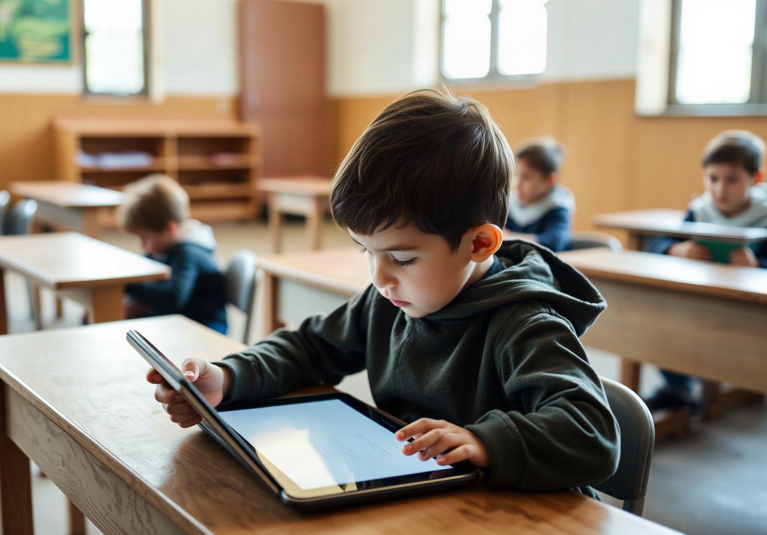 Enfant travaillant sur une tablette numérique dans une salle de classe rurale