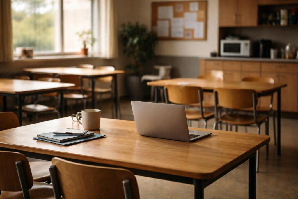 Enseignant consultant sa messagerie académique sur un ordinateur portable en salle des professeurs