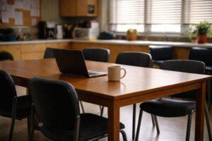 Enseignant consultant ses mails sur un ordinateur portable en salle des professeurs