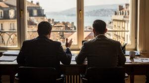 Expert-comptable genevois conseillant un client en bureau