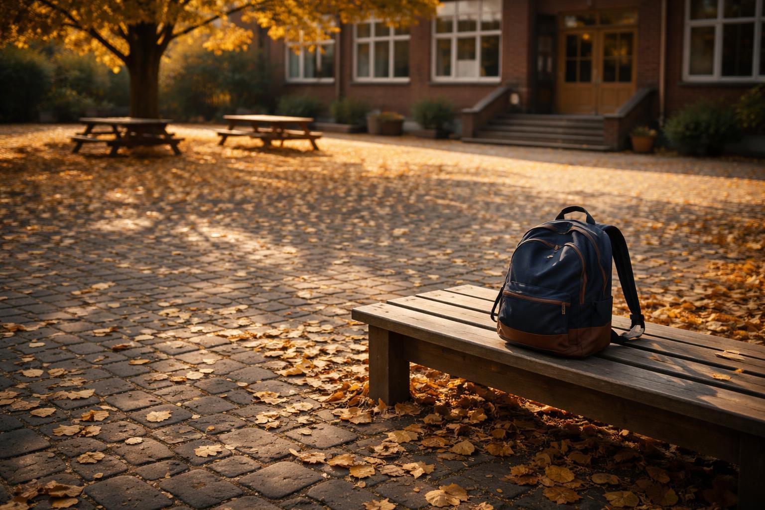 Groupe d'étudiants traversant la cour d'un lycée en automne