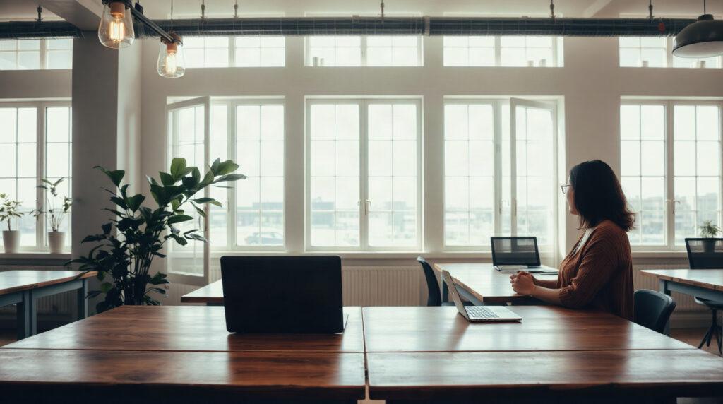Indépendante travaillant dans un espace de coworking lumineux