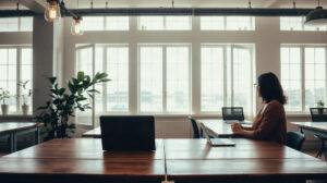 Indépendante travaillant dans un espace de coworking lumineux