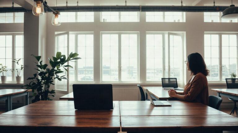 Indépendante travaillant dans un espace de coworking lumineux