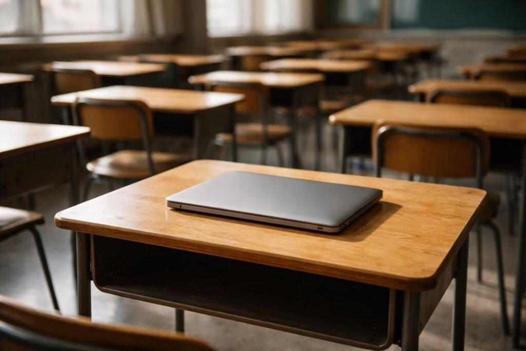 Élève consultant ses devoirs sur un ordinateur portable dans une salle de classe
