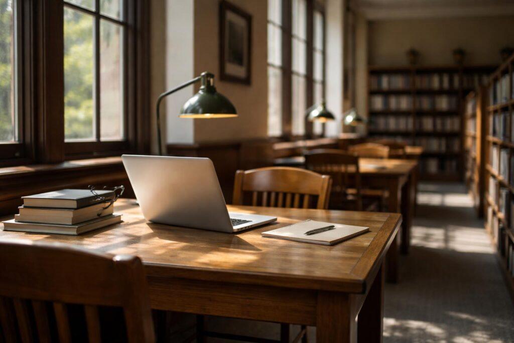 Élève de lycée connecté à un ENT sur ordinateur portable en bibliothèque scolaire