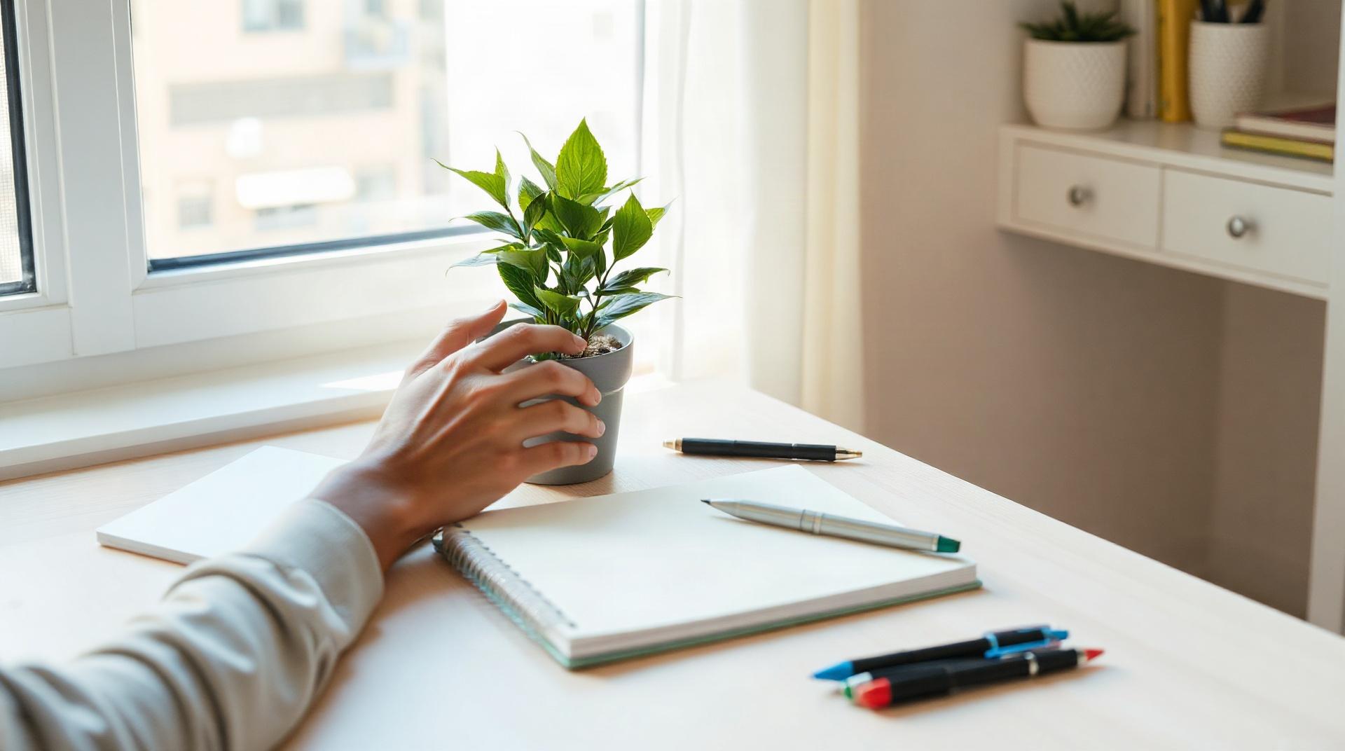 Main organisant des accessoires de bureau sur un plan de travail épuré
