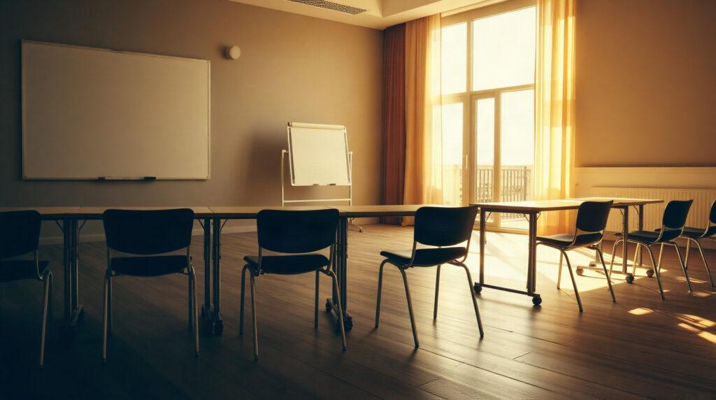 Salle de formation vide avec tables disposées en U
