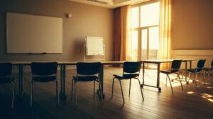 Salle de formation vide avec tables disposées en U