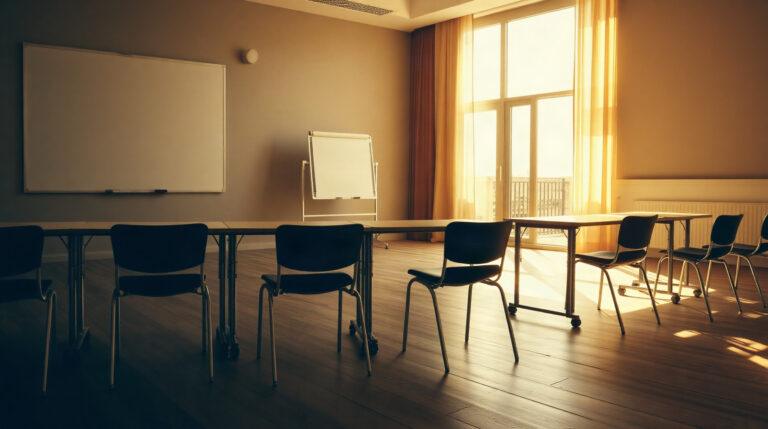 Salle de formation vide avec tables disposées en U
