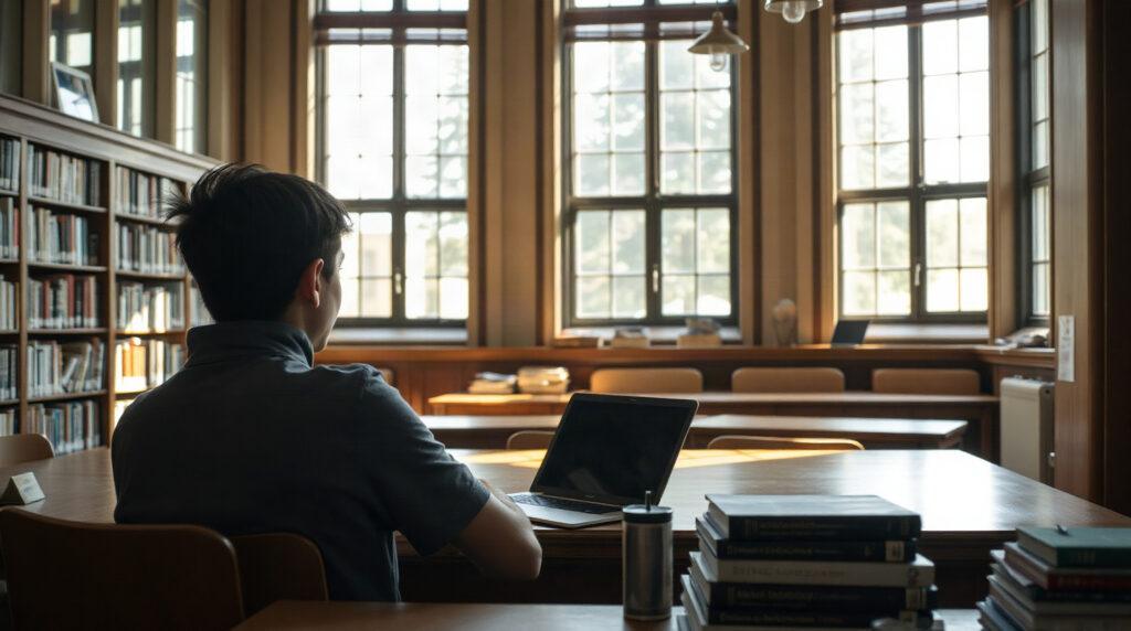 Étudiant en école d'ingénieurs consultant son emploi du temps sur un ordinateur portable dans une bibliothèque universitaire