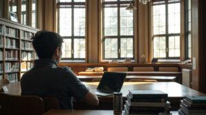 Étudiant en école d'ingénieurs consultant son emploi du temps sur un ordinateur portable dans une bibliothèque universitaire