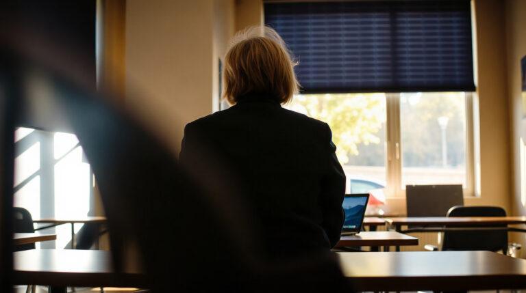 Un enseignant consultant ses emails sur un ordinateur portable dans une salle des professeurs