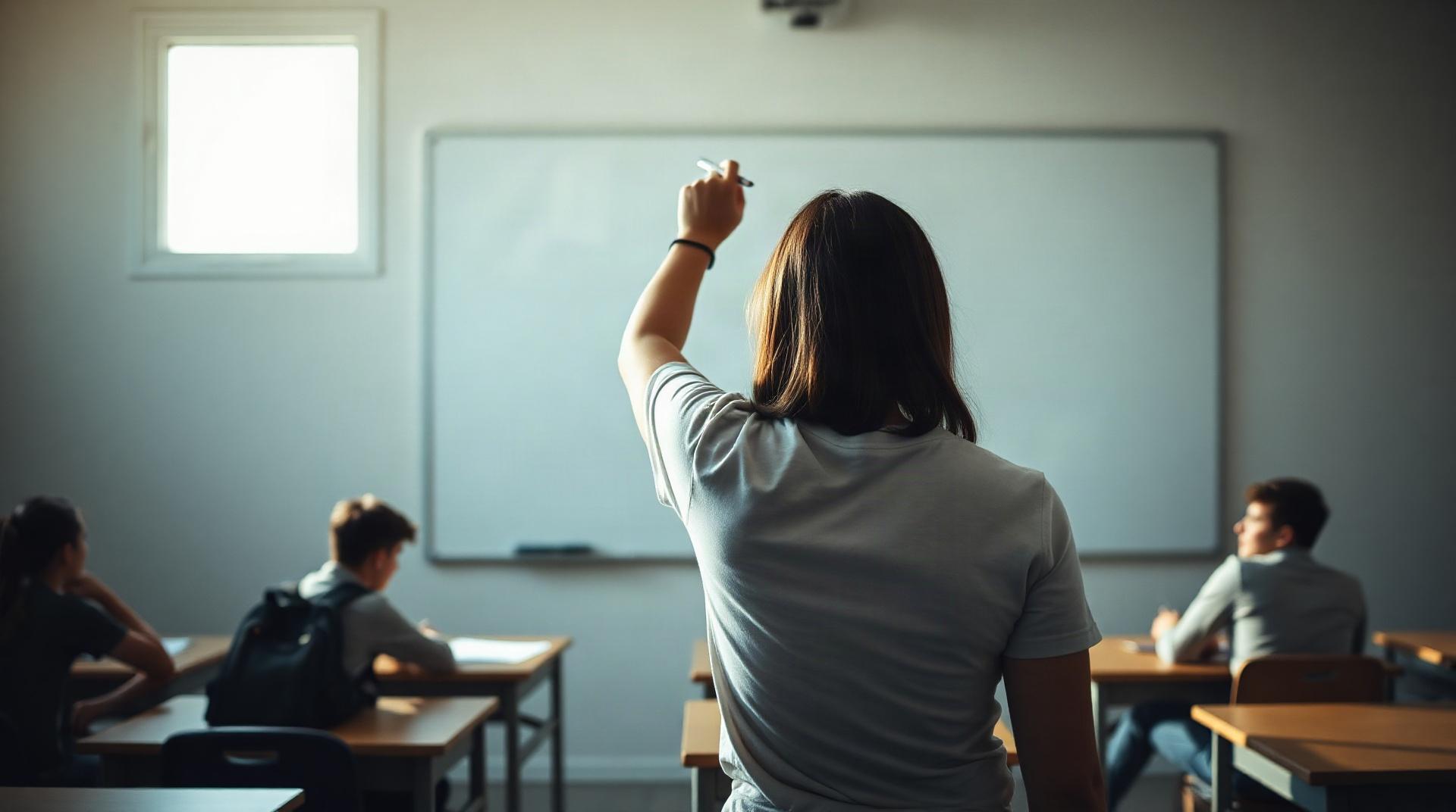 Un enseignant écrivant des consignes au tableau blanc devant une classe de lycée