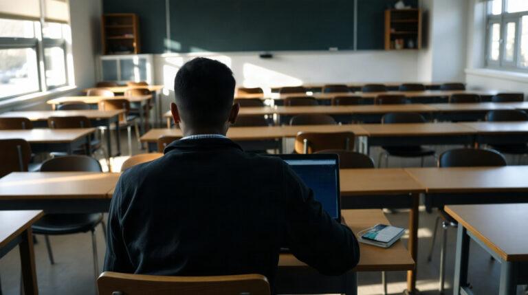 Un élève consultant son espace numérique de travail sur un ordinateur portable dans une salle de cours